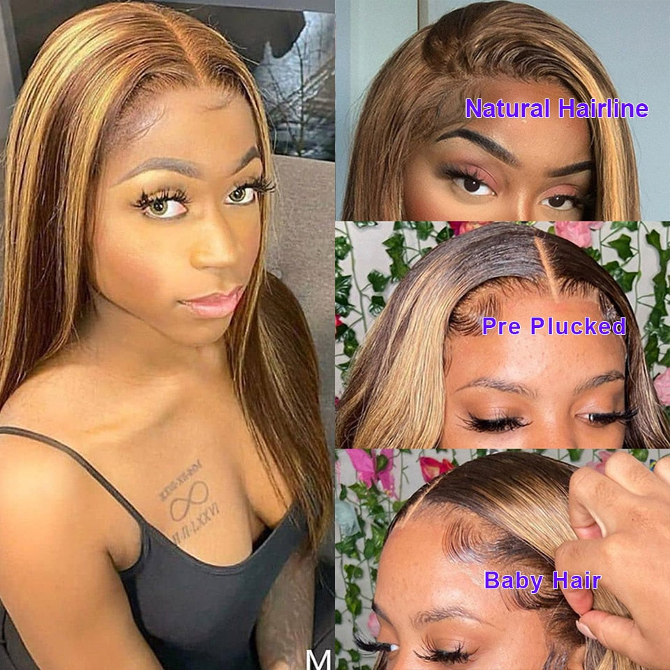 Bone Straight Highlight Human Hair Honey Blonde Transparent Lace Wigs Remy T Part Brazilian