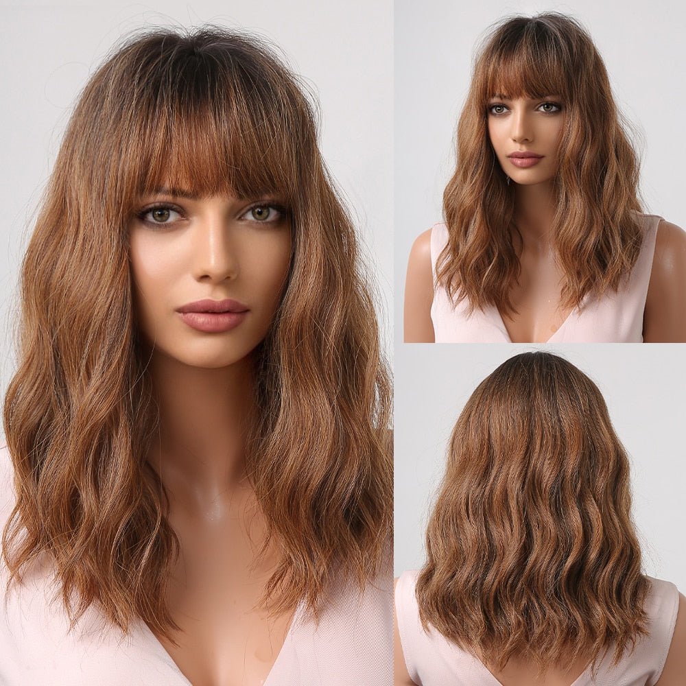 Medium Water Wave Natural Bob Synthetic Wig with Bangs- Heat Resistant